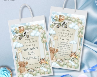 Teddy Bear Pilot Gift Bag Label Boy Airplane Theme Party favor Gift Bag Teddy Bear Aviator Editable Birthday Favors Printable Template B03