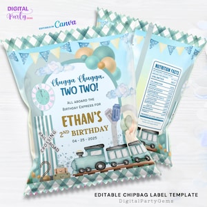 May include: Two chip bags with a train theme for a second birthday. The design includes a train, balloons, and the text "Chugga Chugga, TWO TWO!" and "Ethan's 2nd Birthday". The bags have a blue and green color scheme.