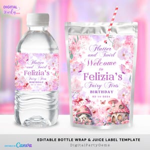 May include: A water bottle and juice pouch with matching labels. The labels feature a floral design with butterflies, mushrooms, and the text "Flutter and Swirl Welcome to Felizia's Fairy Firts Birthday 02-14-2024".