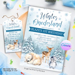 Winter Onederland Invitation w/ Thank You Tag Winter Animals Woodland Forest Kids Editable Birthday Invitation Instant Download Template B08