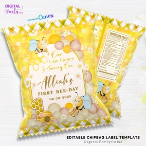 Könnte beinhalten: Gelbe Chipstütenvorlage mit Bienen- und Gänseblümchengrafiken. Der Text enthält "Our Little Honey Is Turning One, Alliah's First Bee-Day 06-20-2025". Verfügt über ein Wabenmuster, Luftballons und ein Nährwertkennzeichen.