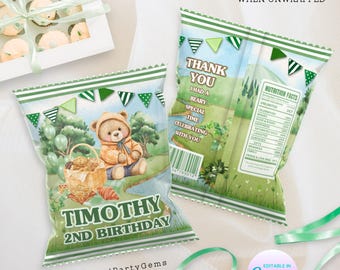 May include: Green and white chip bag with a teddy bear illustration and the text "Timothy 2nd Birthday". The back of the bag has the text "Thank You I had a Beary Special Time Celebrating with You" and a nutrition facts label.