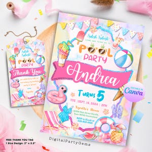Pool Party Invitation Pastel Swimming Pool Birthday Invite Editable Pool Thank You Tag Birthday Party Printable Instant Download Template
