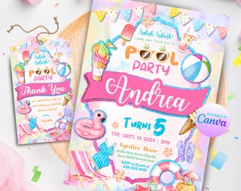 Pool Party Invitation Pastel Swimming Pool Birthday Invite Editable Pool Thank You Tag Birthday Party Printable Instant Download Template