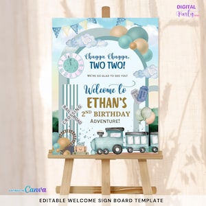 Train Welcome Sign Board Chugga Chugga Two Two Party Poster Signage Birthday Printable All Aboard Display Board Editable Canva Template B04