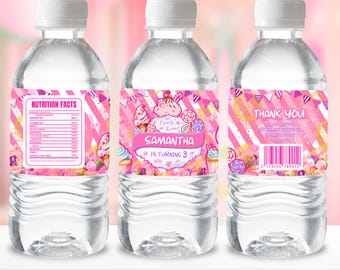 Bonbons, emballage de bouteille de bonbons, bonbons sucrés, boutique de cadeaux, articles de fête, étiquette de bouteille d'eau, modèle modifiable pour fête d'anniversaire, imprimable GA2