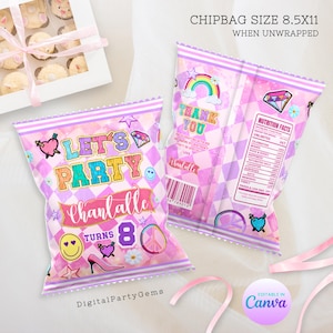 May include: Pink and purple chip bag with a rainbow, peace sign, and heart designs. The bag says "Let's Party" and "Chanlalle Turns 8".