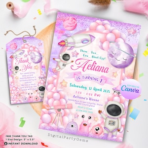 May include: A purple and pink space-themed birthday party invitation for a girl turning 7. The invitation features a rocket, astronaut, planets, and stars. The text on the invitation reads "Three... Two... One... Blast Off! Aeliana is turning 7. Saturday, 12 April 2025. 3:00 - 6:00 PM. Aeliana's House. 12356 Main Street Cityville, State 98765 Countryland. RSVP to Cleah at 638-852-0421. Editable in Canva."