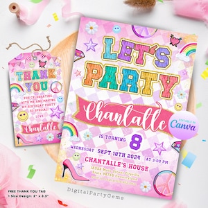 Puede incluir: Invitación de fiesta de cumpleaños rosa y morada con un arcoíris, un signo de paz y un zapato de tacón rosa. La invitación dice "Let's Party" y "Chanlalle cumple 8 años".