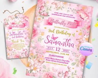 Invitation d'anniversaire papillon, remerciement papillon, invitation d'anniversaire floral rose, invitation de fête papillon, modèle imprimable modifiable G09
