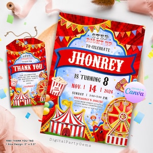 Uitnodiging carnaval Circusfeest uitnodigen carnaval bedankt tag bewerkbare sjabloon Instant Download DIY verjaardagsfeestje afdrukbaar digitaal bestand