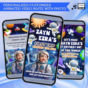 Astronaut Outer Space gepersonaliseerde geanimeerde video-uitnodiging met foto Astronautenfeest digitale uitnodiging bewerkbare video-uitnodiging op bestelling
