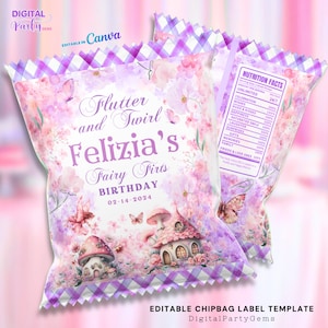 May include: Two chip bags with a fairy theme. The bags feature a watercolor design with pink and purple flowers, butterflies, and fairy houses. Text on the front reads "Flutter and Twirl Felizia's Fairy Firts Birthday 02-14-2024". The top edge has a purple and white checkered pattern.