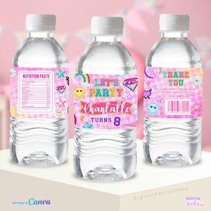 May include: Three clear water bottles with custom labels. The labels feature a pink and purple theme with text that reads "LET'S PARTY" and "Chanlalle TURNS 8". Other labels say "THANK YOU" and include nutrition facts. Decorative elements include stars, diamonds, and smiley faces.