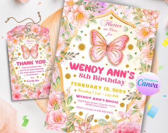 Butterfly Birthday Invitation Gold Pink Floral Butterfly Whimsical Theme Party Butterfly Thank You Tag Editable Template Party Printable