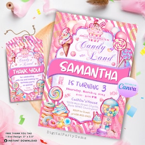 Convite de aniversário Candyland Convite para festa temática de loja de doces doces Candyland Tag de agradecimento Modelo editável para festa de aniversário para impressão G02