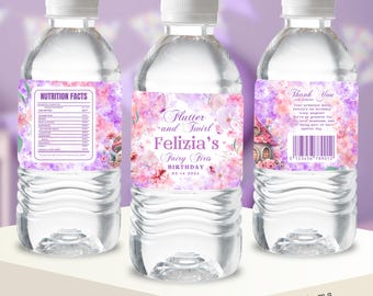 Fairy First Birthday Water bottle Label Fairy 1st Party favor Bottle Wrap label Enchanted Garden Pastel Party Favors Printable Template G04