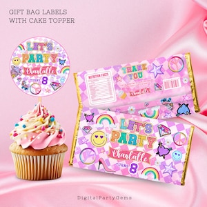 Peut inclure: Un ensemble d'étiquettes de faveur de fête imprimables avec un fond rose et violet avec des motifs arc-en-ciel, étoiles et signes de paix. Les étiquettes comprennent le texte "Let's Party" et "Chanlalle Turns 8".