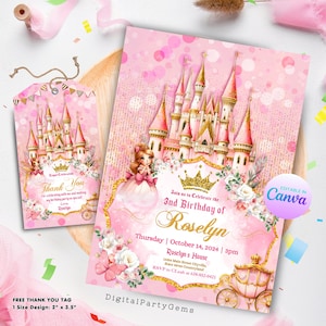 Koninklijke prinses verjaardagsuitnodiging Koninklijk kasteel feestuitnodiging bewerkbare prinses bedankkaartje verjaardagsfeestje afdrukbare Instant Download