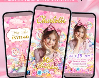 Candy Land Animated Video Invitation with photo Candy Shop Theme Party Digital Invite Editable Sweet Candy Made-to-Order Video Invite 1011