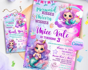 May include: A printable invitation for a 3rd birthday party with a mermaid and unicorn theme. The invitation features a purple and blue background with a mermaid and unicorn illustration. The text on the invitation reads "Mermaid Kisses Unicorn Wishes Unice Kale is turning 3".