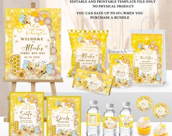 May include: A yellow and white "1st Bee-Day Party Bundle" with various party supplies. Includes a welcome sign, treat bags, water bottle labels, and cupcake toppers. The theme features bees, honeycombs, and the text "Alliah's First Bee-Day".