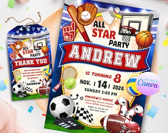 Pode incluir: Um convite azul e vermelho para uma "All Star Party" para o 8º aniversário de Andrew. O convite apresenta uma variedade de equipamentos esportivos, incluindo uma bola de basquete, uma bola de beisebol, uma bola de futebol americano, uma bola de futebol, uma raquete de tênis e uma bola de vôlei. O texto "Andrew está completando 8 anos" está em vermelho e a data é 14 de novembro de 2024. O convite é editável no Canva.