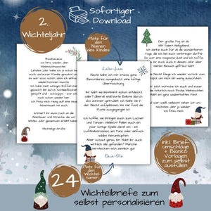 以下が含まれることがあります： 子供向けの印刷可能なクリスマスレターのデジタルダウンロード。画像には、お祝いのイラストとテキストが描かれたいくつかのカード、ノーム、クリスマスツリーが表示されています。テキストには「Wichtelbriefe zum selbst personalisieren」などのフレーズが含まれています。
