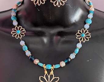 Turquoise Flower Necklace & Stud Earrings Set | Gold-Tone Floral Jewelry
