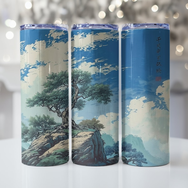 20 oz Skinny Tumbler PNG Design, Japanese Bonzai Tree Traditional Art, DIGITAL ONLY, 4 images included