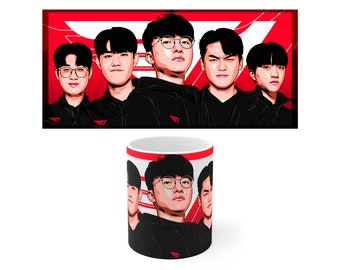 T1 LoL personalized mug. League of legends T1 team Worlds 2023 split Zeus, Oner, Faker, Gumayusi & Keria Banner Cup.