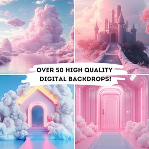Op de afbeelding: Een set digitale achtergronden met vier verschillende scènes. De eerste scène is een roze lucht met pluizige wolken boven een kalm wateroppervlak. De tweede scène is een roze lucht met pluizige wolken boven een wit kasteel met een pad dat er naartoe leidt. De derde scène is een roze en blauwe scène met een witte boog en wolken. De vierde scène is een roze gang met een roze deur aan het einde.