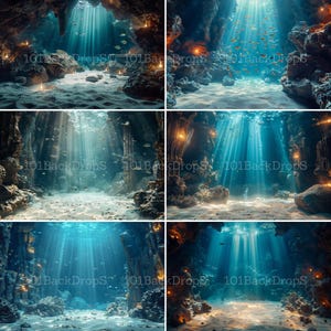 May include: A digital backdrop featuring a cave underwater with beams of light shining through the water. The cave is surrounded by rocks and there are fish swimming in the water.