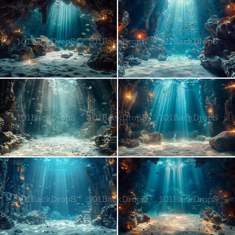 May include: A digital backdrop featuring a cave underwater with beams of light shining through the water. The cave is surrounded by rocks and there are fish swimming in the water.