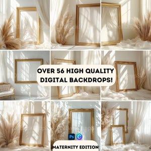 Golden Glow Maternity Backdrop Bundle - 56+ Studio Backgrounds for Pregnancy Portraits - White Room Digital Scenes with Elegant Gold Frames