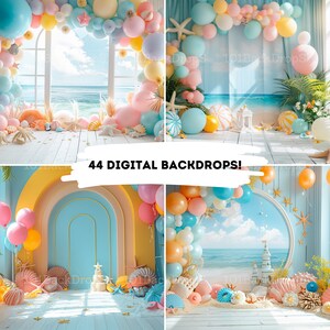 May include: Three digital backdrops featuring a beach scene with blue water, white sand, and a blue sky. The backdrops are decorated with balloons, seashells, and starfish. The text "44 DIGITAL BACKDROPS!" is written in white on a black background.