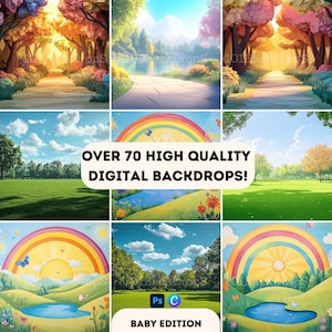 WhimsyScapes Bundle - 70+ Magical Cartoon Backgrounds for Children&#39;s Books, Story Scenes & Nature-Inspired Product Mockups Digital Backdrops