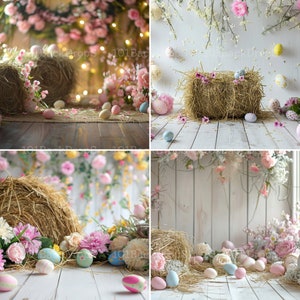Puede incluir: Cuatro fondos digitales que presentan un rústico fardo de heno con huevos de Pascua pastel esparcidos alrededor. Los fondos son perfectos para crear fotos o diseños digitales con temática de Pascua.
