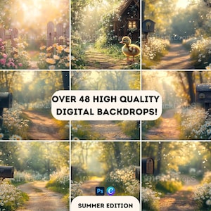 Pode incluir: Uma colagem de fundos digitais com tema de verão. As imagens apresentam um caminho de terra, flores, uma cerca de madeira, uma casinha e um patinho. O texto diz "OVER 48 HIGH QUALITY DIGITAL BACKDROPS!" e "SUMMER EDITION."