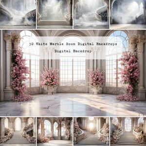Puede incluir: Un tel&oacute;n de fondo digital que presenta una sala de m&aacute;rmol blanco con una gran ventana arqueada, columnas blancas y una gran escalera decorada con flores rosas. La sala est&aacute; iluminada con luz solar que entra por la ventana. El texto "30 White Marble Room Digital Backdrops" y "Digital Backdrop" se muestra en el centro de la imagen.