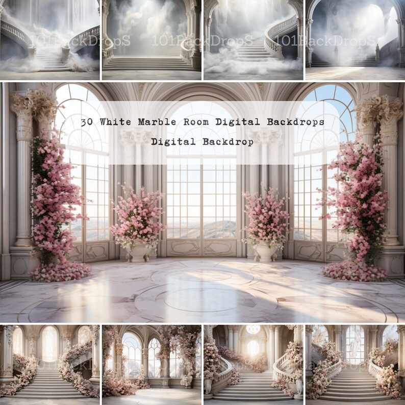 Puede incluir: Un tel&oacute;n de fondo digital que presenta una sala de m&aacute;rmol blanco con una gran ventana arqueada, columnas blancas y una gran escalera decorada con flores rosas. La sala est&aacute; iluminada con luz solar que entra por la ventana. El texto "30 White Marble Room Digital Backdrops" y "Digital Backdrop" se muestra en el centro de la imagen.