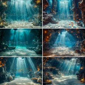 May include: Four digital backgrounds featuring underwater scenes with light beams shining through the water and illuminating the ocean floor. The backgrounds are perfect for photographers and graphic designers looking to create unique and immersive underwater scenes.