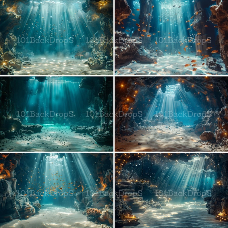 May include: Four digital backgrounds featuring underwater scenes with light beams shining through the water and illuminating the ocean floor. The backgrounds are perfect for photographers and graphic designers looking to create unique and immersive underwater scenes.