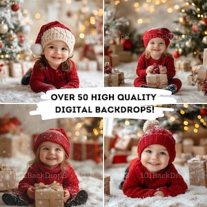 Könnte beinhalten: Vier Bilder eines Kindes, das einen roten Strickmützen und einen Pullover trägt, in einer verschneiten Winterlandschaft mit einem Weihnachtsbaum und Geschenken sitzt. Der Text "OVER 50 HIGH QUALITY DIGITAL BACKDROPS!" ist über die Bilder gelegt.