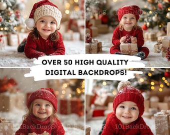 Beige Christmas Photography Backgrounds & Bokeh Fairy Light Overlays | 50+ Digital Studio Backdrops
