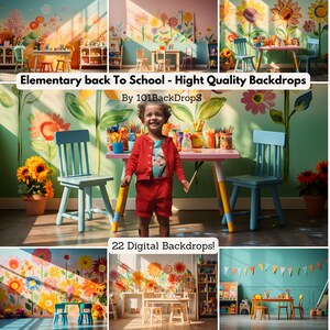 Puede incluir: Un conjunto de 22 fondos digitales que presentan una escena de aula colorida con un niño de pie frente a una mesa con materiales de arte. Los fondos son perfectos para fotógrafos y videógrafos que desean crear contenido divertido y atractivo para niños.