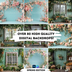 Pode incluir: Uma coleção de cenários digitais que inclui mais de 80 imagens de alta qualidade com um tema primaveril. As imagens incluem arranjos florais, janelas e portas com um fundo azul pastel. O texto "OVER 80 HIGH QUALITY DIGITAL BACKDROPS!" e "SPRING EDITION" estão incluídos na imagem.