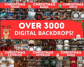 May include: A collage of over 3,000 digital Christmas backdrops, featuring a variety of scenes, including a train, a barn, an archway, and a variety of interior and exterior settings. The text "OVER 3000 DIGITAL BACKDROPS!" is displayed in large, bold letters.
