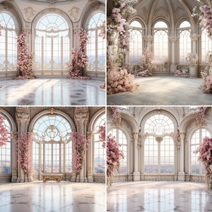 Puede incluir: Una habitaci&oacute;n blanca y adornada con grandes ventanas y flores rosas. La habitaci&oacute;n tiene un suelo de m&aacute;rmol y techos altos. Las ventanas son arqueadas y tienen vistas a una ciudad.