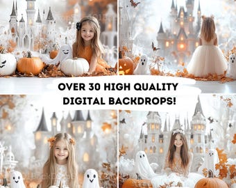 May include: A composite image featuring four Halloween-themed digital backdrops. Each scene includes pumpkins, ghosts, and castles. The text "OVER 30 HIGH QUALITY DIGITAL BACKDROPS!" is displayed across the image.